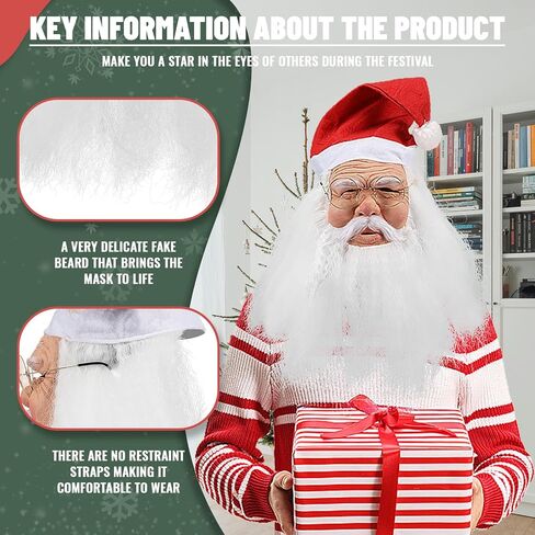 Santa Claus Mask Realistic Old Man Face Mask Latex Grandpa Mask with Beard Hat Christmas Cosplay in Kuwait