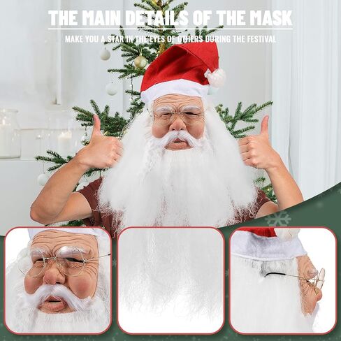Santa Claus Mask Realistic Old Man Face Mask Latex Grandpa Mask with Beard Hat Christmas Cosplay in Kuwait