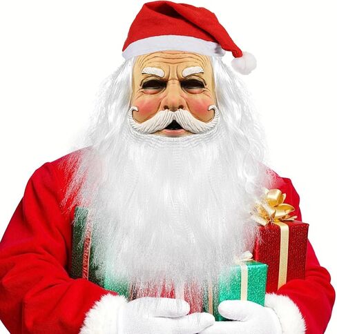 Santa Claus Mask Realistic Old Man Face Mask Latex Grandpa Mask with Beard Hat Christmas Cosplay in Kuwait