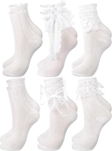 6 Pairs Women's Ruffle Ankle Socks - Lace & Frilly Cute Breathable Thin Cool Casual Socks in Saudi Arabia