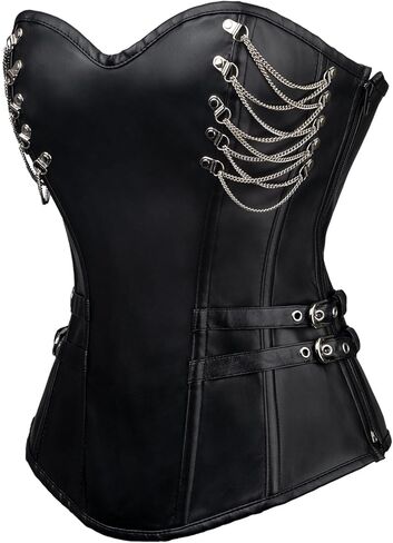 Cosfun Steampunk Leather Corset Top Womens Sexy Lace Up Back Corsets Bustiers Chains with Side Zipper Buckles in Saudi Arabia