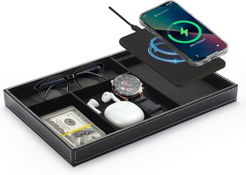 TopMade Valet Tray with Wireless Charging Pad Nightstand Organizer, Leather Desktop Storage Dresser Organizer Charging Station, Jewelry Box Catchall Bedside Vanity Tray for Men Women(Black) in Kuwait