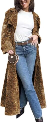 ebossy Women's Fashion Faux Suede Open Front Long Trench Coat Notched Lapel Double Breasted Maxi Overcoat with Belt in Saudi Arabia