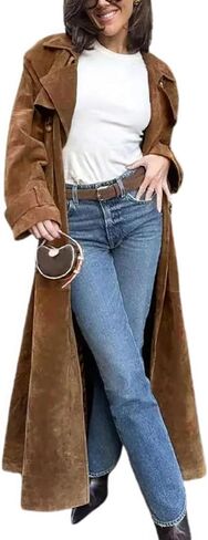 ebossy Women's Fashion Faux Suede Open Front Long Trench Coat Notched Lapel Double Breasted Maxi Overcoat with Belt in Saudi Arabia