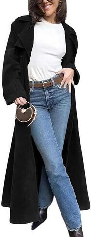 ebossy Women's Fashion Faux Suede Open Front Long Trench Coat Notched Lapel Double Breasted Maxi Overcoat with Belt in Saudi Arabia