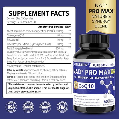 NAD+ Supplement for Men and Women with Resveratrol and CoQ10 Promotes Cell Regeneration and Anti-Aging American-Made NAD+, 60 Capsules in Saudi Arabia