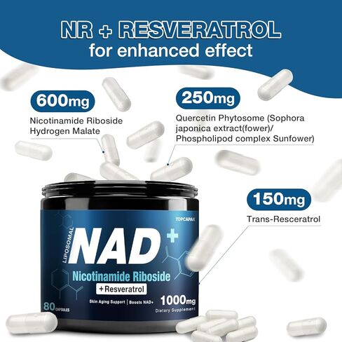 مكمل NAD+ 1000 مجم - نيكوتيناميد ريبوسيد (NR) وريسفيراترول، ليبوسومال NAD من مكونات عضوية نقية للنساء والرجال في مرحلة الشيخوخة الصحية، طاقة الدماغ والخلوية، 80 كبسولة in Kuwait