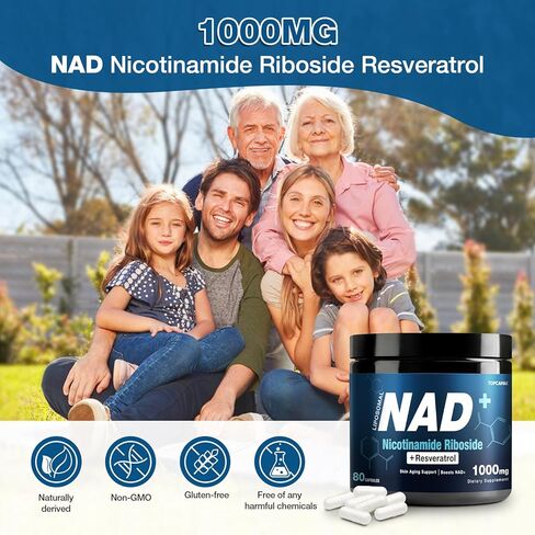 مكمل NAD+ 1000 مجم - نيكوتيناميد ريبوسيد (NR) وريسفيراترول، ليبوسومال NAD من مكونات عضوية نقية للنساء والرجال في مرحلة الشيخوخة الصحية، طاقة الدماغ والخلوية، 80 كبسولة in Kuwait