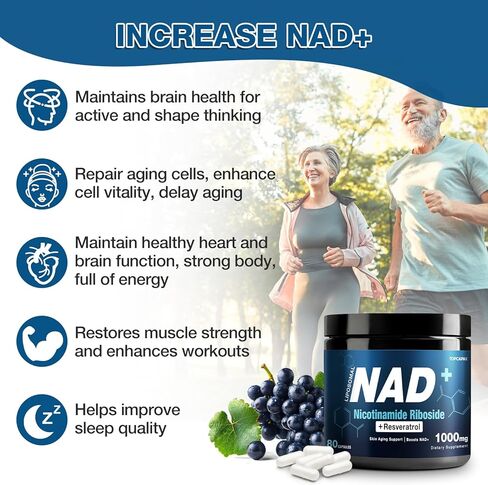 مكمل NAD+ 1000 مجم - نيكوتيناميد ريبوسيد (NR) وريسفيراترول، ليبوسومال NAD من مكونات عضوية نقية للنساء والرجال في مرحلة الشيخوخة الصحية، طاقة الدماغ والخلوية، 80 كبسولة in Kuwait