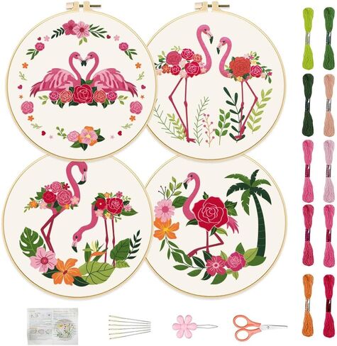 FREEBLOSS 4 Set 8'' Beginners Embroidery Kit Artistic Flower Patterns Embroidery Starter Kit with Instructions Include Embroidery Fabric Embroidery Hoops and Threads for Hanging Decor in Kuwait