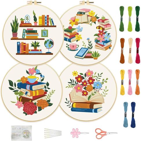 FREEBLOSS 4 Set 8'' Beginners Embroidery Kit Artistic Flower Patterns Embroidery Starter Kit with Instructions Include Embroidery Fabric Embroidery Hoops and Threads for Hanging Decor in Kuwait