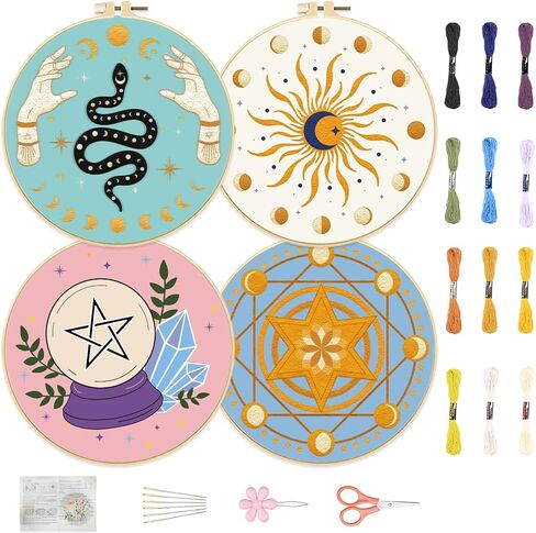 FREEBLOSS 4 Set 8'' Beginners Embroidery Kit Artistic Flower Patterns Embroidery Starter Kit with Instructions Include Embroidery Fabric Embroidery Hoops and Threads for Hanging Decor in Kuwait