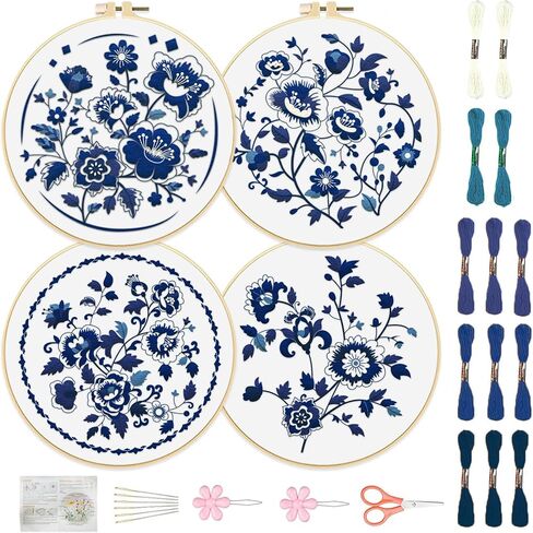 FREEBLOSS 4 Set 8'' Beginners Embroidery Kit Artistic Flower Patterns Embroidery Starter Kit with Instructions Include Embroidery Fabric Embroidery Hoops and Threads for Hanging Decor in Kuwait