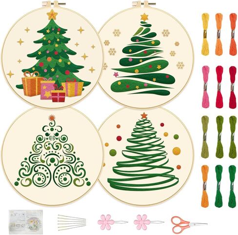 FREEBLOSS 4 Set 8'' Beginners Embroidery Kit Artistic Flower Patterns Embroidery Starter Kit with Instructions Include Embroidery Fabric Embroidery Hoops and Threads for Hanging Decor in Kuwait