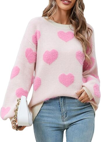 Women's Cute Heart Sweater Love Print Valentine Romantic Knitted Top Casual Crewneck Long Sleeve Sweaters Pullover in Saudi Arabia