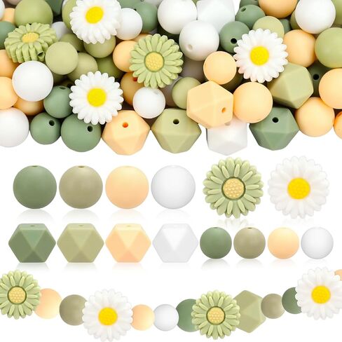 Whaline 100pcs Daisy Flower Silicone Beads with Hexagon Steelder Sends hexagon hexagon extrics for diy crafts Jewelry Nglaces Bracelets Make Key in Saudi Arabia