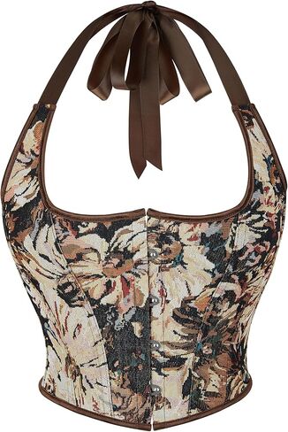 IZUS Ladies Floral Bustier Corset Suspenders Tops Women Lace-up Push Up Crop Tank Bodice with Neck-Lace-Tape in Saudi Arabia