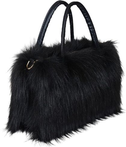 Women's Faux Fur Crossbody Tote Purse, Black Leather Handle Fluffy Fashion Shoulder Handbag in Saudi Arabia