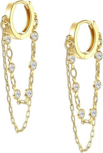 Tassel Chain Small Gold Hoop Dangle Earring For Women Huggie Earring Heart Star CZ 14K Gold Plated Fashion Jewelry Friendship Gift in Saudi Arabia