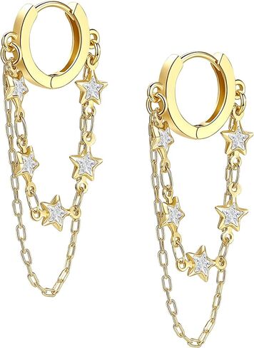Tassel Chain Small Gold Hoop Dangle Earring For Women Huggie Earring Heart Star CZ 14K Gold Plated Fashion Jewelry Friendship Gift in Saudi Arabia