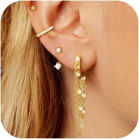Tassel Chain Small Gold Hoop Dangle Earring For Women Huggie Earring Heart Star CZ 14K Gold Plated Fashion Jewelry Friendship Gift in Saudi Arabia