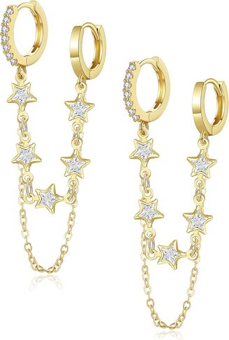 Tassel Chain Small Gold Hoop Dangle Earring For Women Huggie Earring Heart Star CZ 14K Gold Plated Fashion Jewelry Friendship Gift in Saudi Arabia