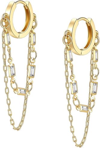 Tassel Chain Small Gold Hoop Dangle Earring For Women Huggie Earring Heart Star CZ 14K Gold Plated Fashion Jewelry Friendship Gift in Saudi Arabia