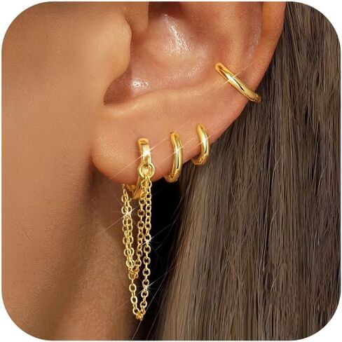 Tassel Chain Small Gold Hoop Dangle Earring For Women Huggie Earring Heart Star CZ 14K Gold Plated Fashion Jewelry Friendship Gift in Saudi Arabia