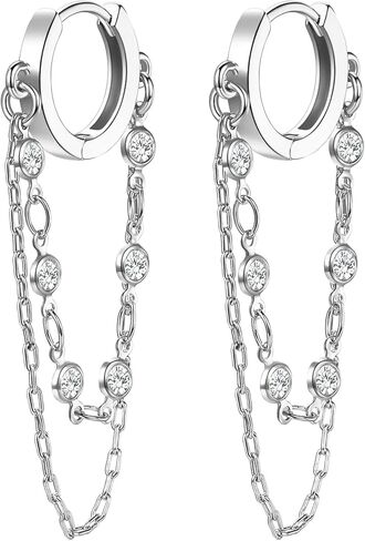 Tassel Chain Small Gold Hoop Dangle Earring For Women Huggie Earring Heart Star CZ 14K Gold Plated Fashion Jewelry Friendship Gift in Saudi Arabia