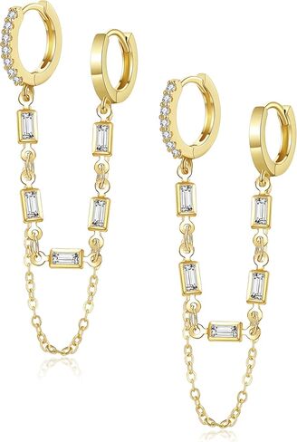 Tassel Chain Small Gold Hoop Dangle Earring For Women Huggie Earring Heart Star CZ 14K Gold Plated Fashion Jewelry Friendship Gift in Saudi Arabia