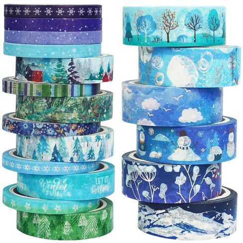 YUBX Winter Washi Tape Set 18 Rolls Landscaping Snow Embellishment Blue White Decorative Masking Tapes for Arts, DIY Crafts, Journals, Planners, Scrapbook, Wrapping in Saudi Arabia