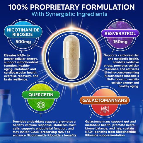 مكمل aSquared Nutrition NAD Resveratrol - NAD+ نيكوتيناميد ريبوسيد 500 ملغ (فيتامين ب3) بالإضافة إلى ريسفيراترول ترانس وكيرسيتين - بديل NMN للرجال والنساء - 60 كبسولة in Saudi Arabia