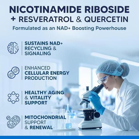 مكمل aSquared Nutrition NAD Resveratrol - NAD+ نيكوتيناميد ريبوسيد 500 ملغ (فيتامين ب3) بالإضافة إلى ريسفيراترول ترانس وكيرسيتين - بديل NMN للرجال والنساء - 60 كبسولة in Saudi Arabia