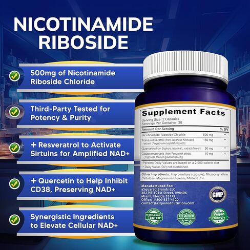 مكمل aSquared Nutrition NAD Resveratrol - NAD+ نيكوتيناميد ريبوسيد 500 ملغ (فيتامين ب3) بالإضافة إلى ريسفيراترول ترانس وكيرسيتين - بديل NMN للرجال والنساء - 60 كبسولة in Saudi Arabia