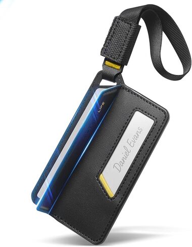 علامات الأمتعة Spigen Life، ملصق تعريف من الجلد النباتي الفاخر من Velo لملحقات حقيبة السفر مع إغلاق مغناطيسي وتصميم حماية الخصوصية وحزام متين - أسود (عبوتان) in Kuwait