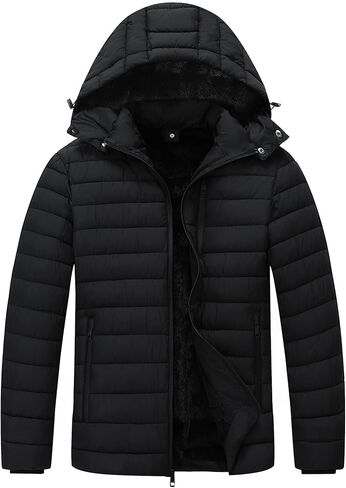 Men's Quilted Puffer Down Coat| Windproof, Waterproof, Flannel Lined, Detachable Hood, Thicken for Winter Warmth in Saudi Arabia