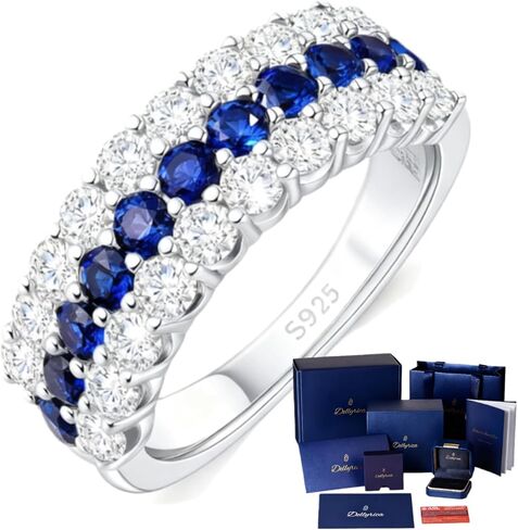 Three Row Half Eternity Wedding Band for Women – Moissanite & Lab-Grown Blue Sapphire Ring, 925 Sterling Silver Rhodium Plated, Engagement, Promise & September Birthstone Gift for Her in Saudi Arabia