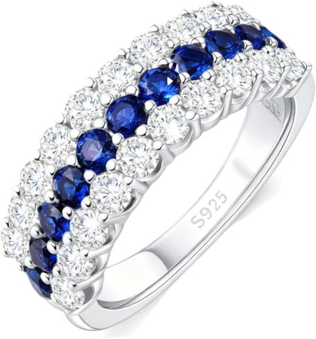 Three Row Half Eternity Wedding Band for Women – Moissanite & Lab-Grown Blue Sapphire Ring, 925 Sterling Silver Rhodium Plated, Engagement, Promise & September Birthstone Gift for Her in Saudi Arabia