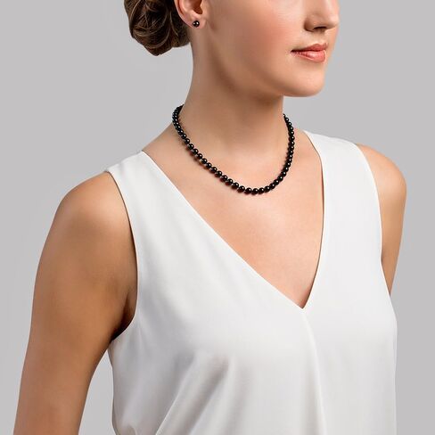 The Pearl Source 14K Gold 6.0-6.5mm Round AA+ Quality Genuine Black Japanese Akoya Saltwater Cultured Pearl Necklace for Women in Saudi Arabia