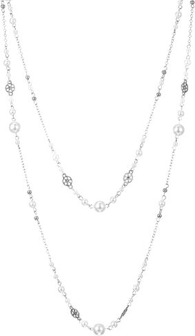 2 Pcs Pearl Long Necklaces for Women Trend Silver Layered Pearl Necklace Precise Long Silver Necklaces for Women Fashion Jewelry Gifts Sweaters Accessories in Saudi Arabia