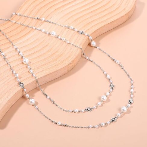 2 Pcs Pearl Long Necklaces for Women Trend Silver Layered Pearl Necklace Precise Long Silver Necklaces for Women Fashion Jewelry Gifts Sweaters Accessories in Saudi Arabia