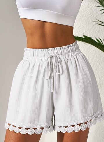 Dokotoo Womens Shorts Summer Casual Loose Elastic Waist Drawstring Lace Boho Beach Cover Up Shorts in Kuwait