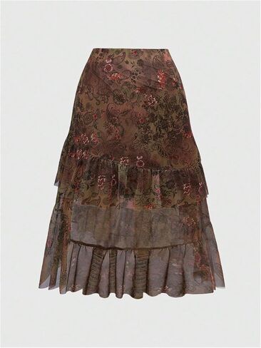 WDIRARA Women's Plus Size Paisley Floral Layered Ruffle Skirt Vintage High Low Long Skirts Boho Hippie Style in Saudi Arabia