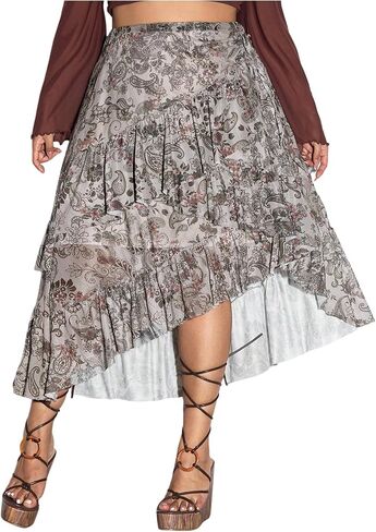 WDIRARA Women's Plus Size Paisley Floral Layered Ruffle Skirt Vintage High Low Long Skirts Boho Hippie Style in Saudi Arabia