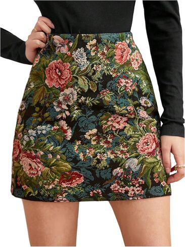 Verdusa Women's Jacquard Floral Mini Skirts Boho Vintage High Waisted Skirt Formal Elegent in Saudi Arabia