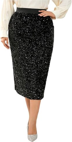 تنورة SHENHE النسائية ذات الحجم الكبير والترتر اللامع متوسطة الطول بخصر عالٍ وفتحة لامعة للحفلات in Kuwait