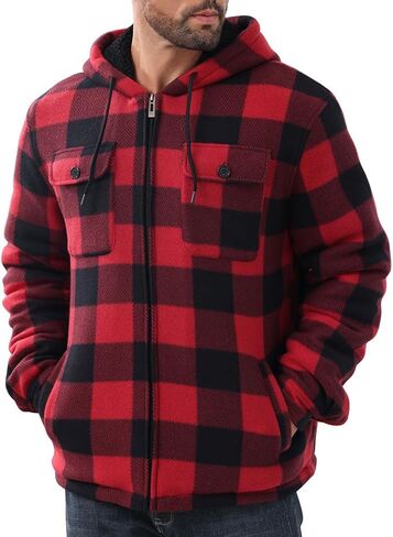 Men’s Thick Flannel Plaid Jacket Heavyweight Zip Up Hoodie Sherpa Fleece Lined Hoodies Warm Winter Coat with Pockets in Saudi Arabia
