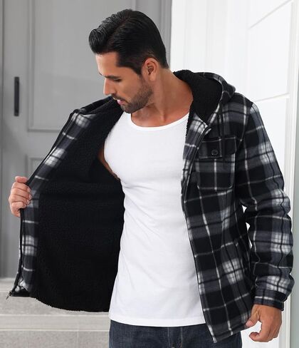 Men’s Thick Flannel Plaid Jacket Heavyweight Zip Up Hoodie Sherpa Fleece Lined Hoodies Warm Winter Coat with Pockets in Saudi Arabia