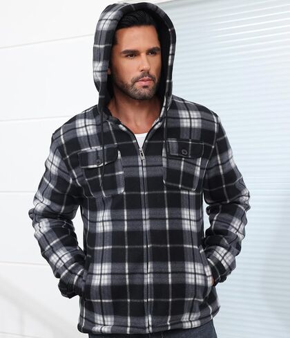 Men’s Thick Flannel Plaid Jacket Heavyweight Zip Up Hoodie Sherpa Fleece Lined Hoodies Warm Winter Coat with Pockets in Saudi Arabia