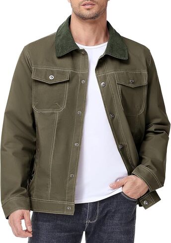 Eisctnd Men's Cotton Canvas Trucker Jacket with Corduroy Collar, Plaid Flannel Lined Workwear Utility Barn Jacket in Kuwait